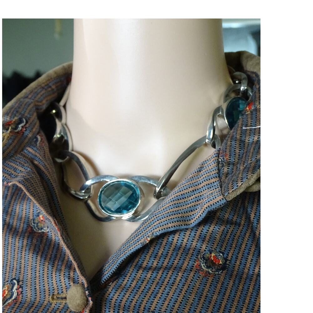 : VTG Anne Klein AK Stamped Silver Tone Blue Glass Chunky Statement Choker